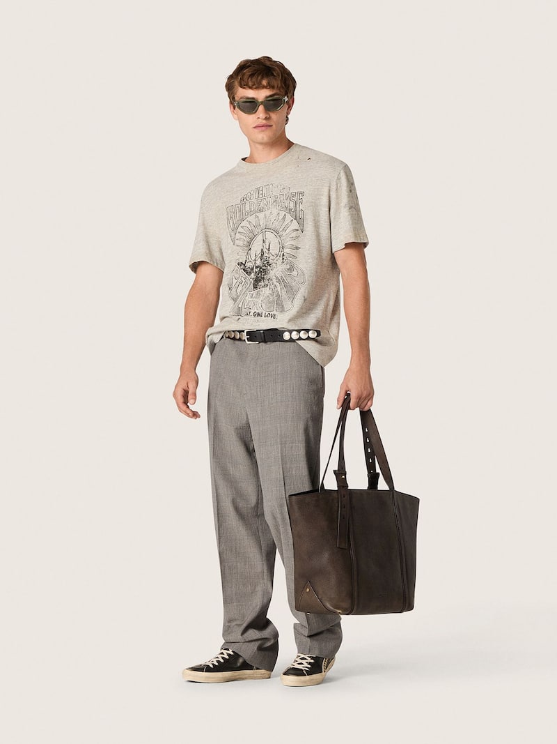 Golden Goose - Herren-T-Shirt aus grau meliertem Jersey mit Vintage-Print in 