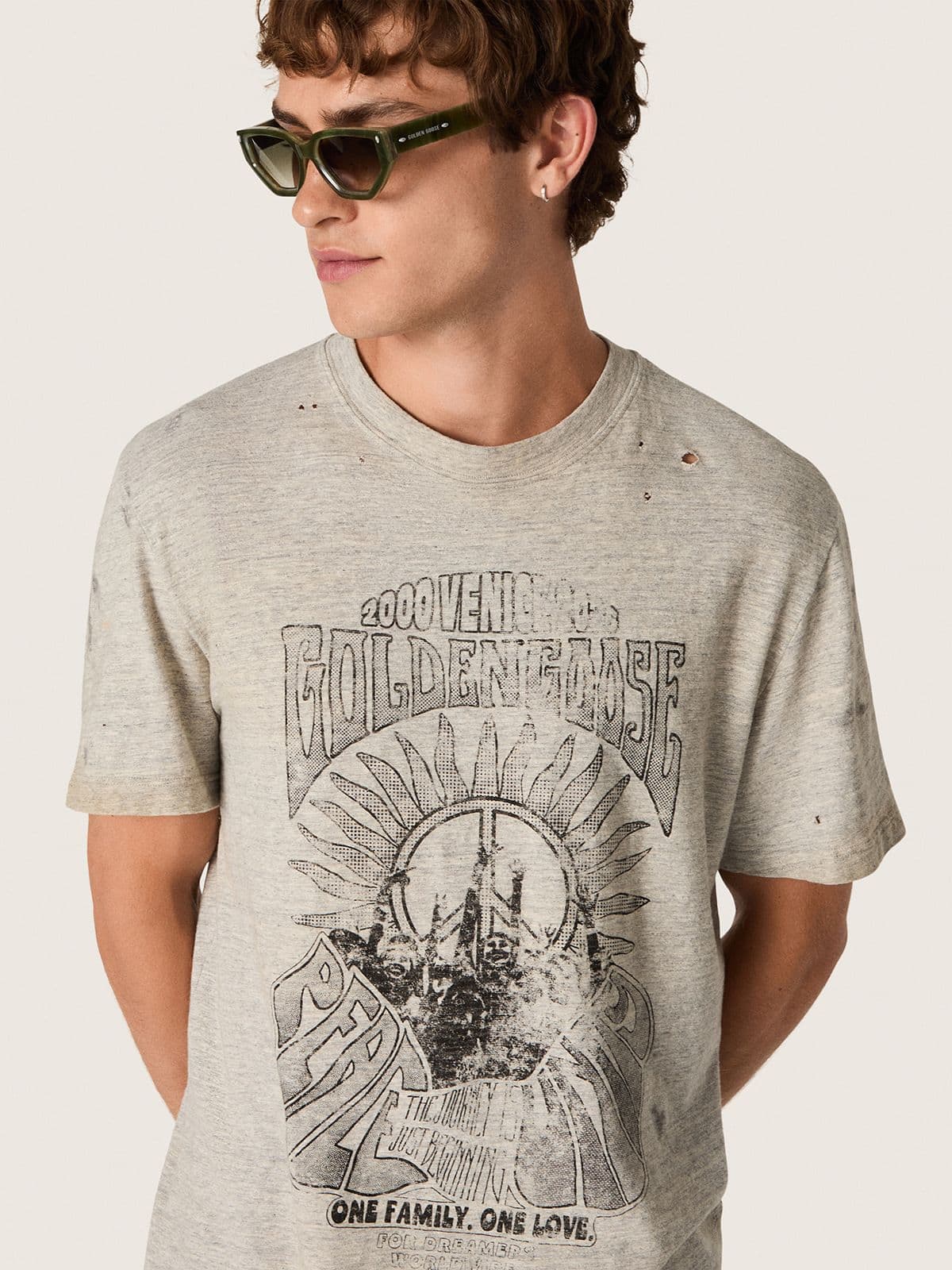 Golden Goose - Herren-T-Shirt aus grau meliertem Jersey mit Vintage-Print in 