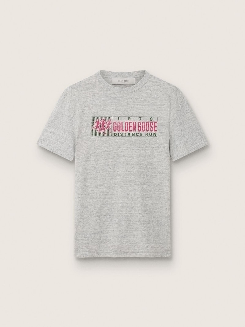 Golden Goose - Camiseta de hombre de color gris con estampado running en el delantero in 