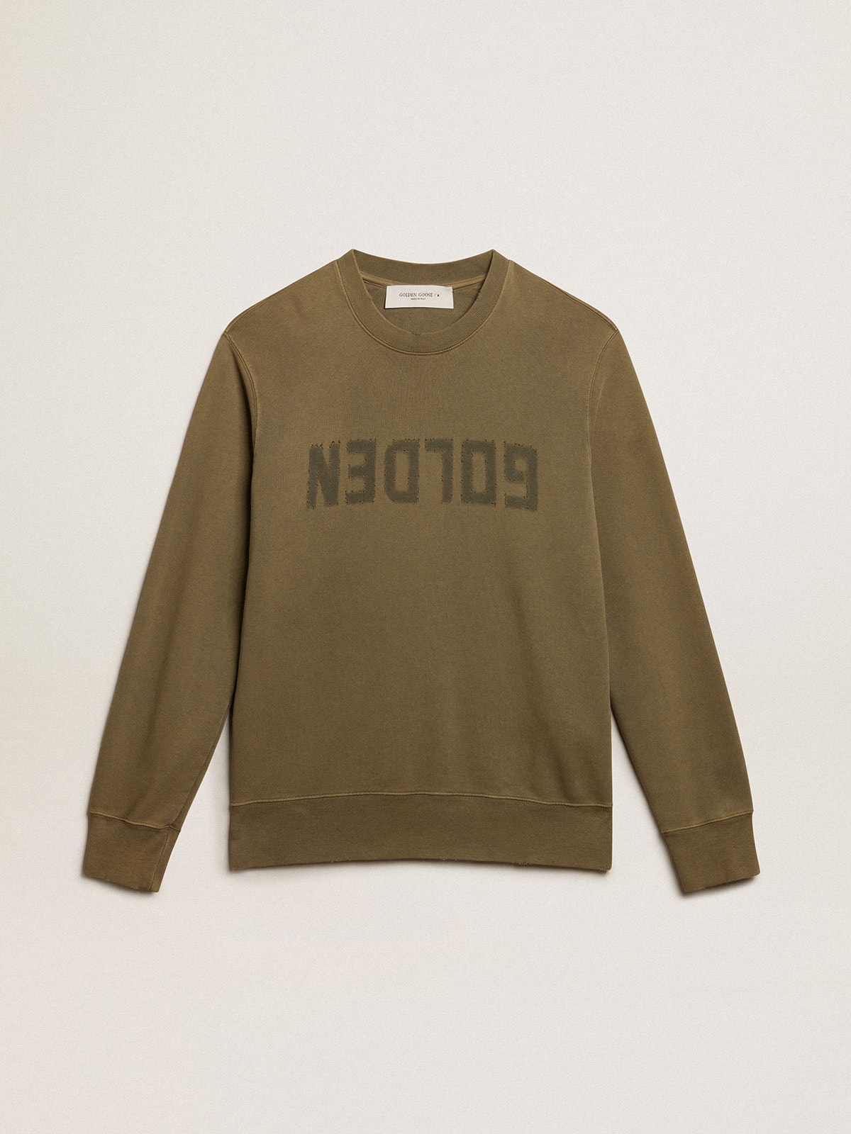 Men s olive green sweatshirt with Golden lettering Golden Goose