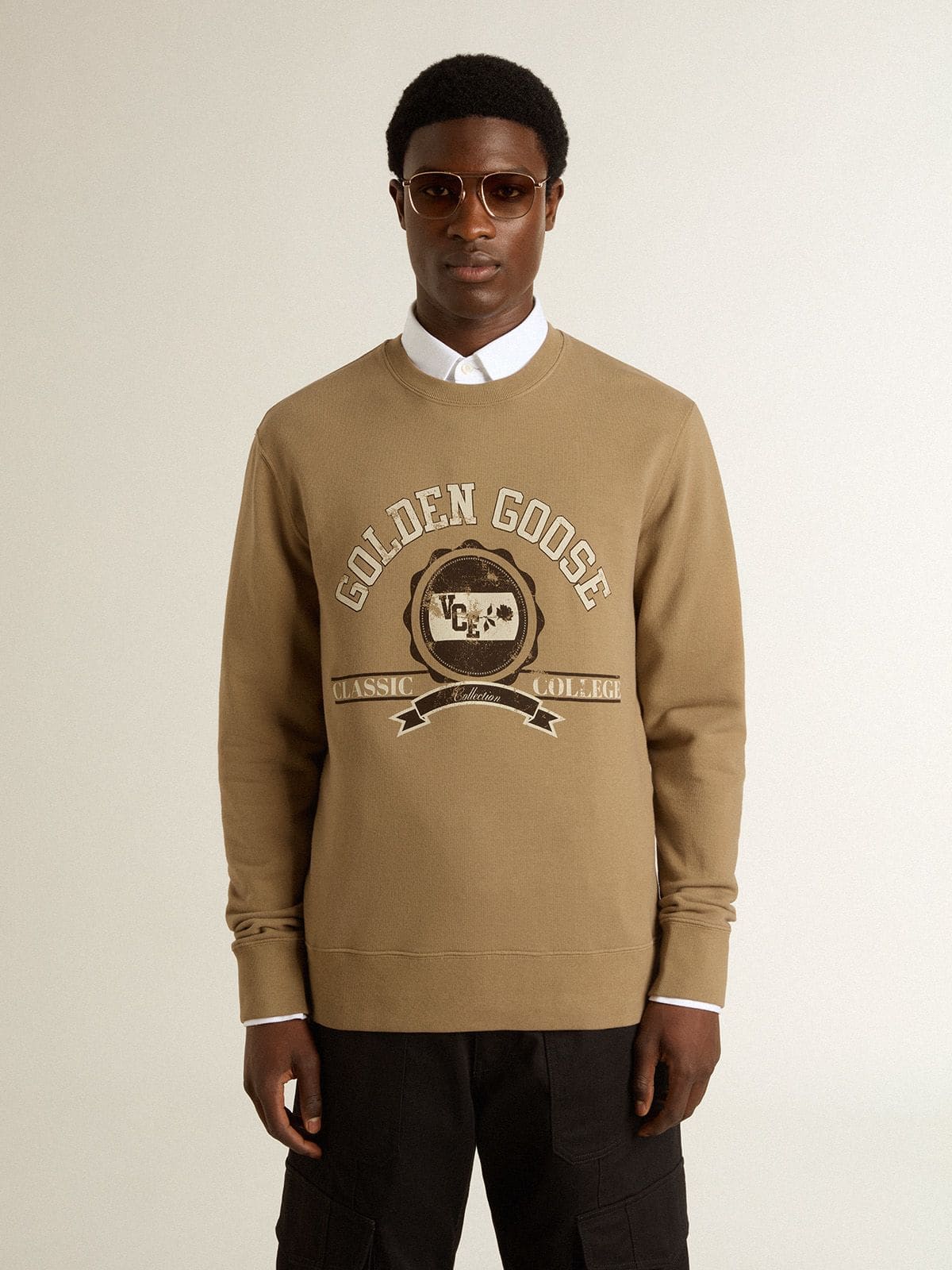 Golden Goose - Men's beige cotton sweatshirt with print on the front  in 