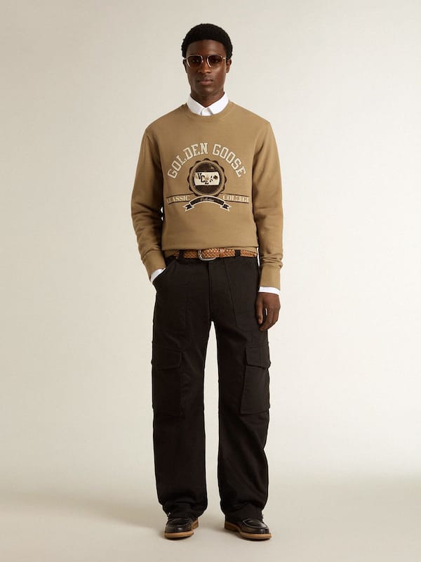 Golden Goose - Men's beige cotton sweatshirt with print on the front in 