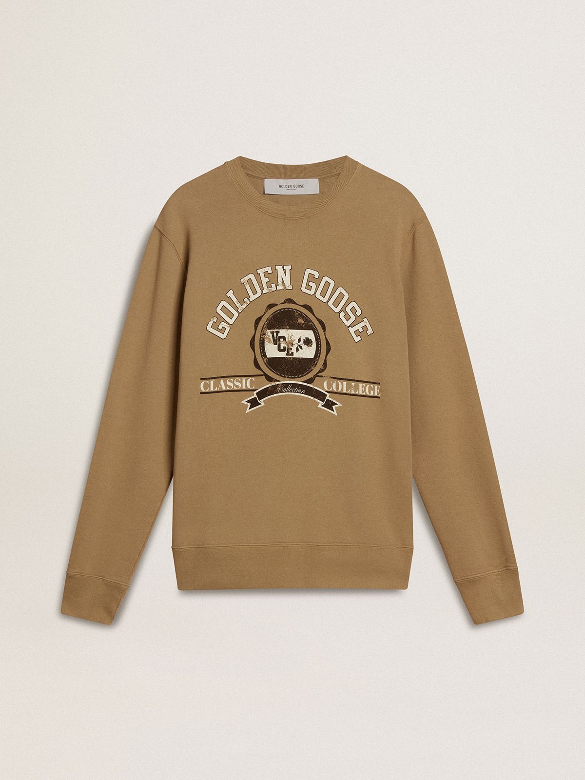 Sweat-shirt pour homme en coton beige avec imprimé sur le devant — Golden Goose