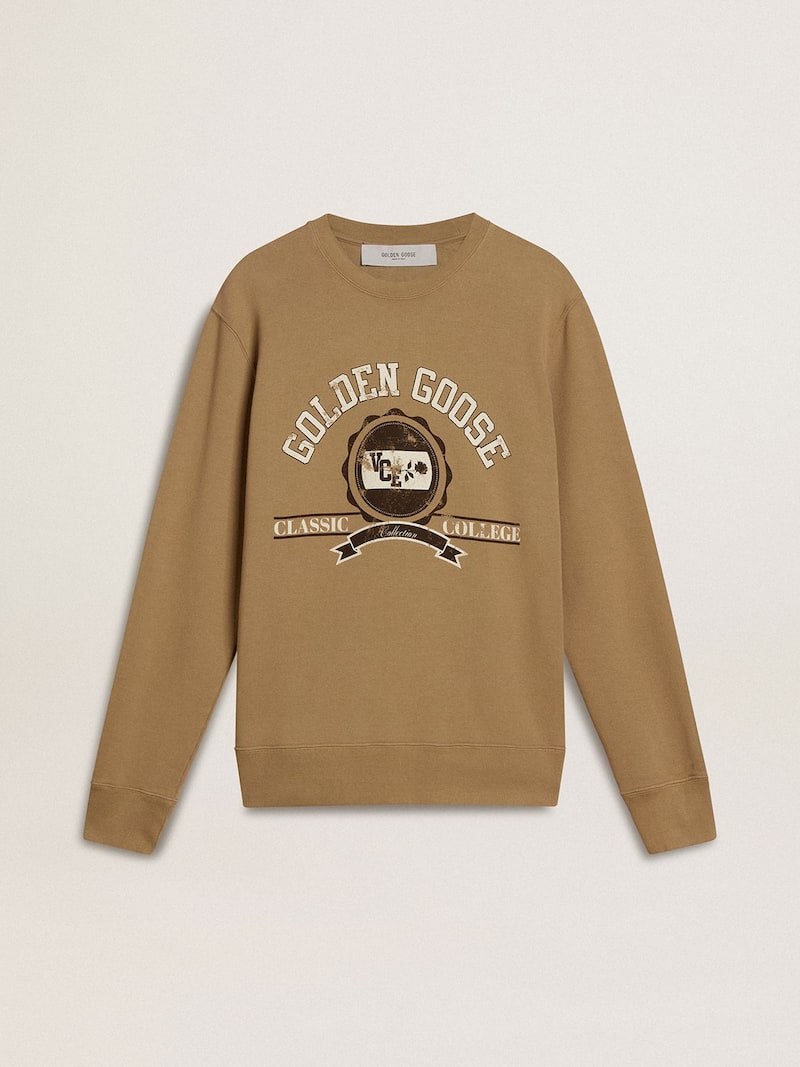 Herrensweatshirt aus beiger Baumwolle mit Print auf der Vorderseite 