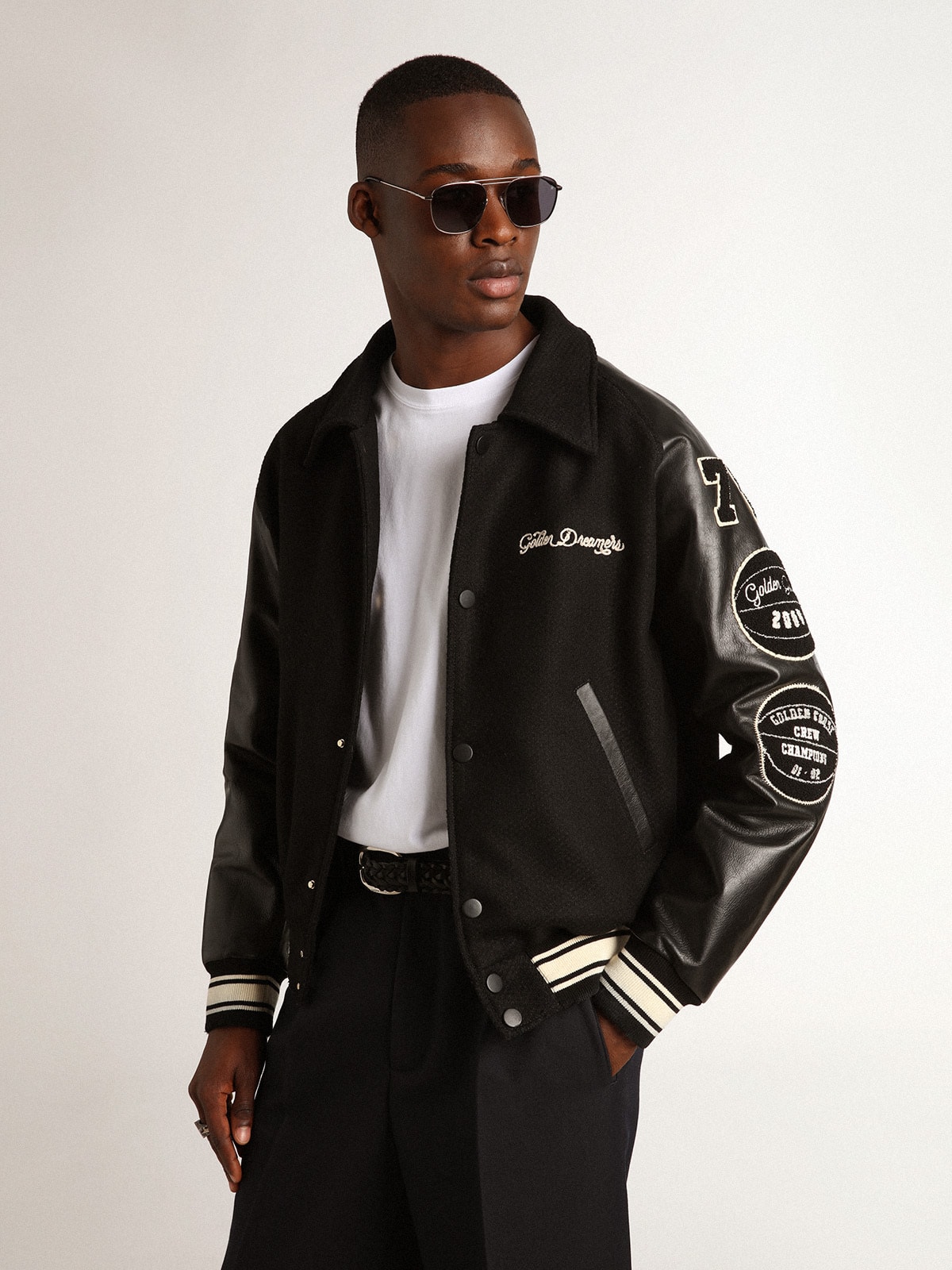 Black wool bomber jacket with patch Golden Goose