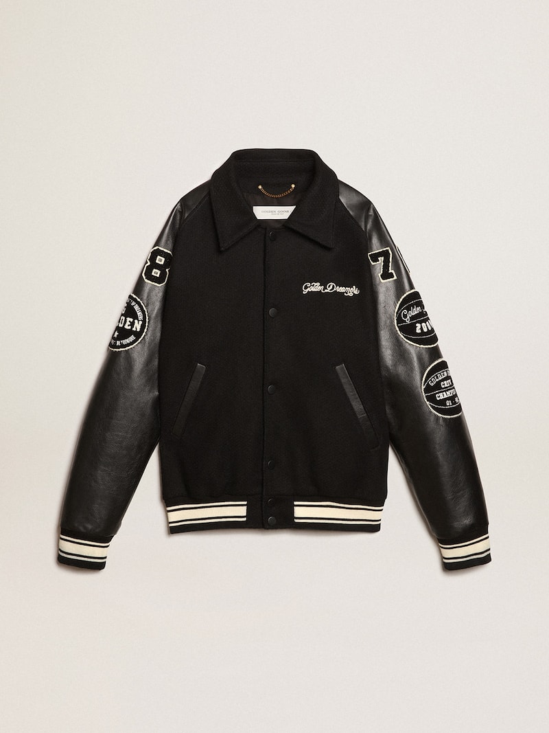 Black wool bomber jacket with patch