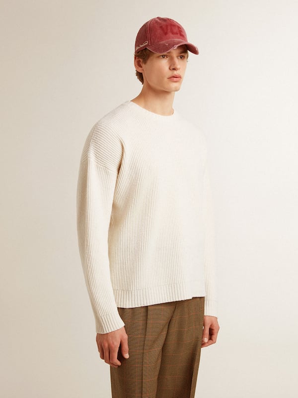 Golden Goose - Men's crew-neck sweater in worn white ribbed wool in 
