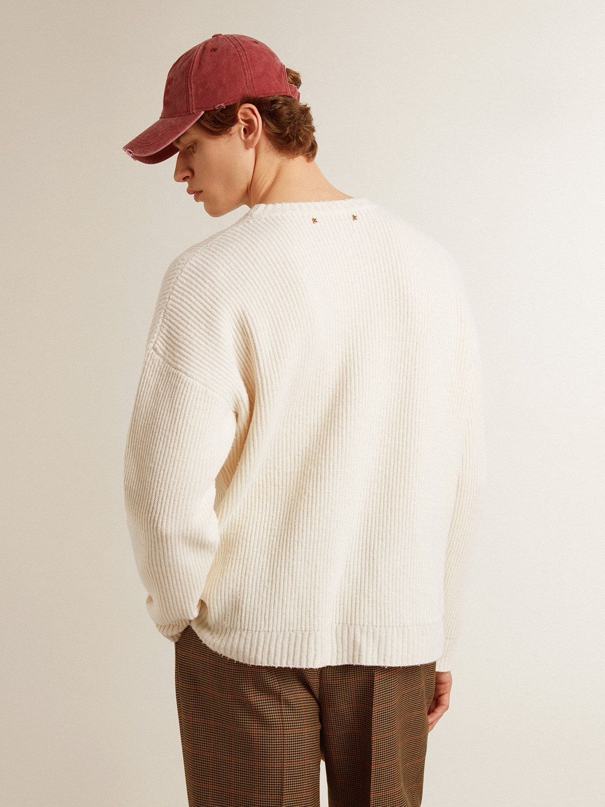Golden Goose - Gerippter Herren-Rundhalspullover aus Wolle in Lived-in-White in 