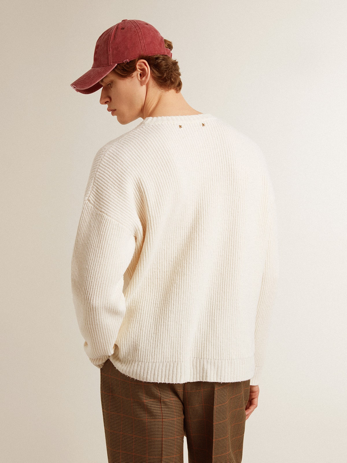 Golden Goose - Men's crew-neck sweater in worn white ribbed wool in 