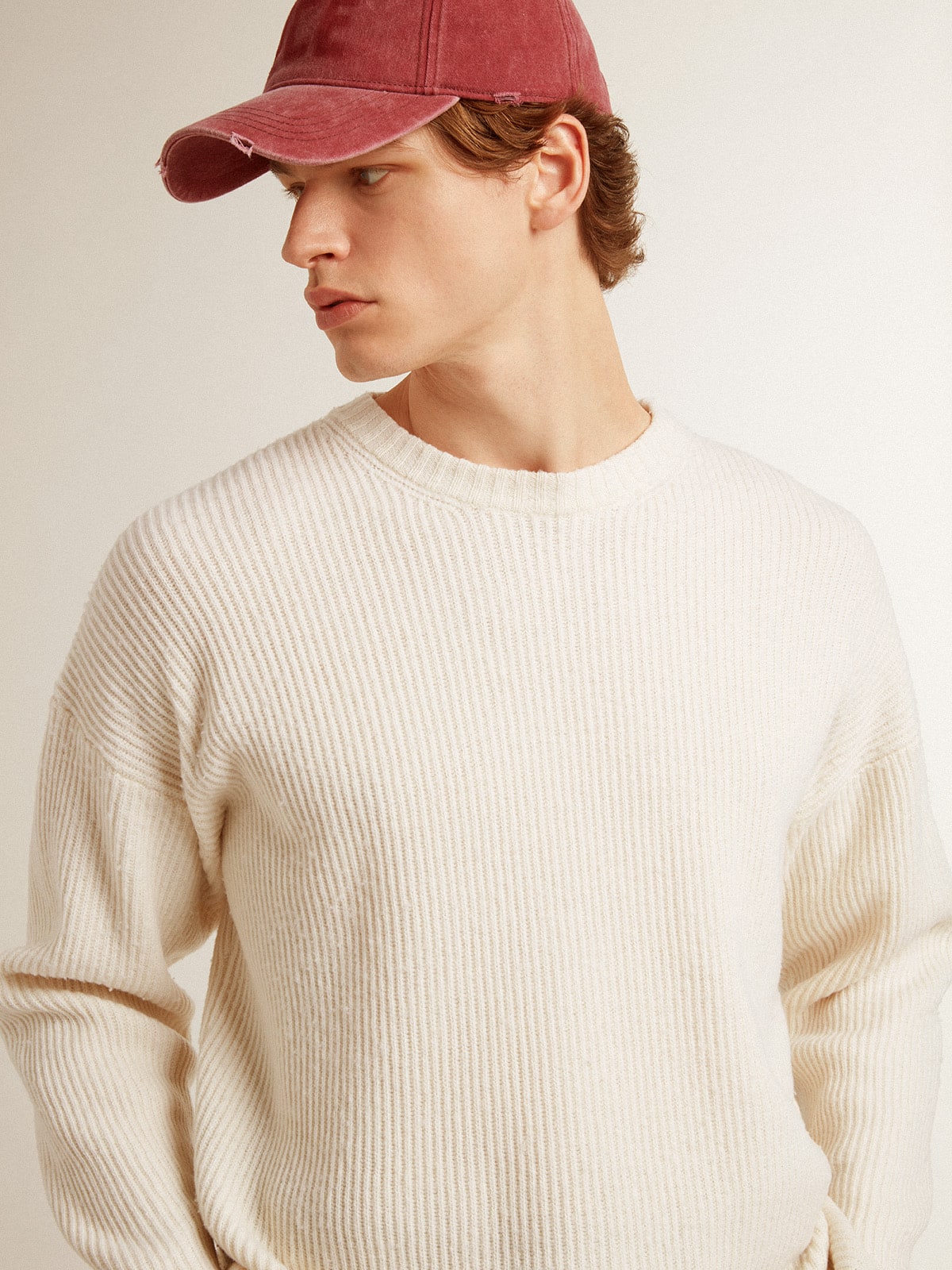 Golden Goose - Men's crew-neck sweater in worn white ribbed wool in 