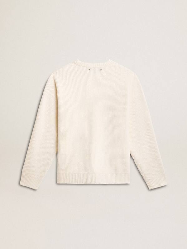 Golden Goose - Men's crew-neck sweater in worn white ribbed wool in 