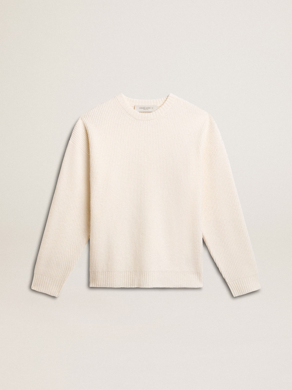 Golden Goose - Men's crew-neck sweater in worn white ribbed wool in 