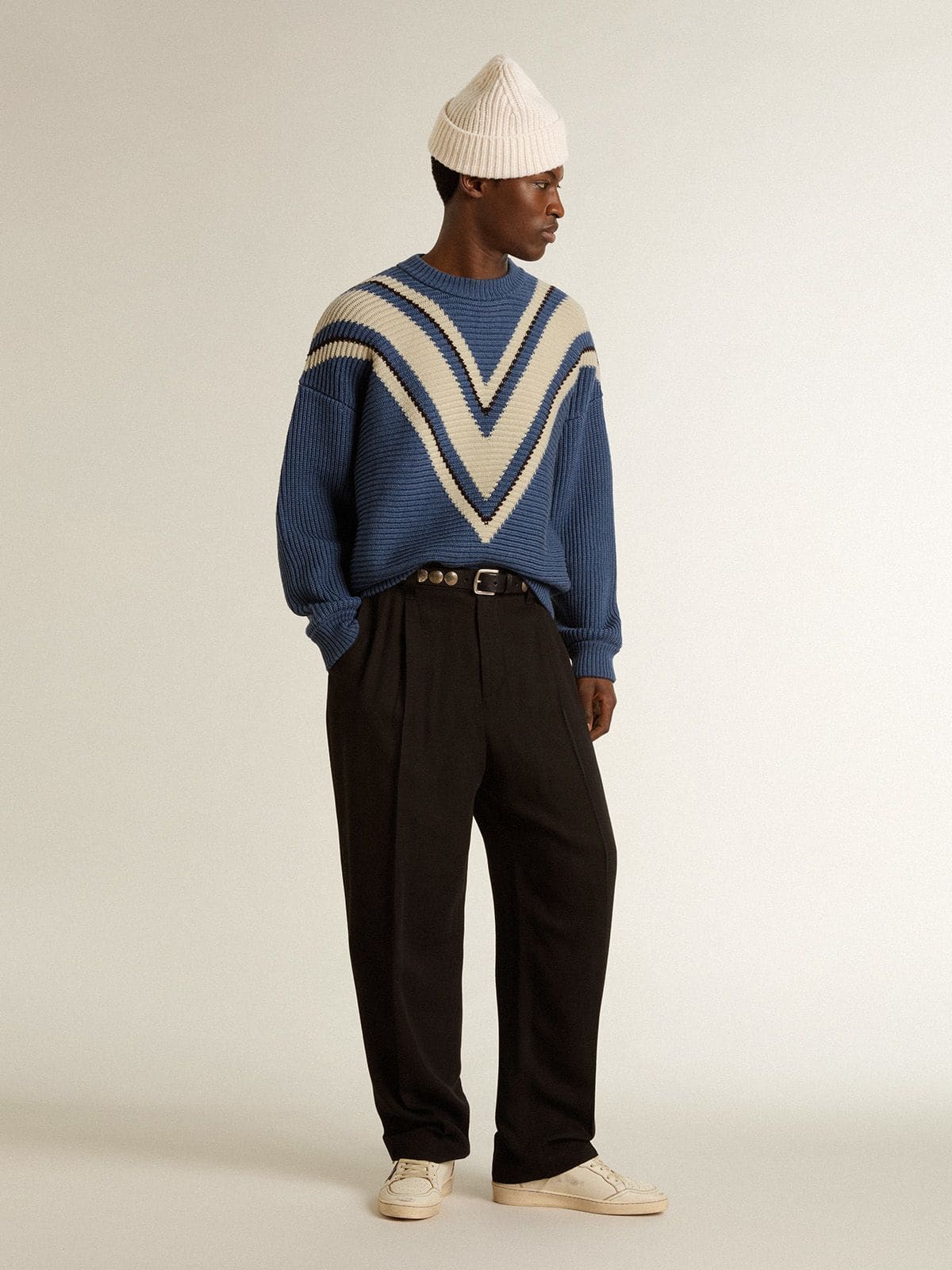 Golden Goose - Azurblauer Herren-Jacquardpullover aus Wolle mit sahneweißem Motiv in 