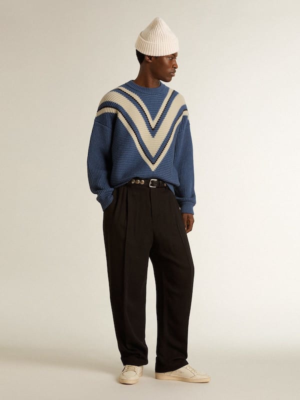 Golden Goose - Men's light blue jacquard wool sweater with cream-colored pattern in 