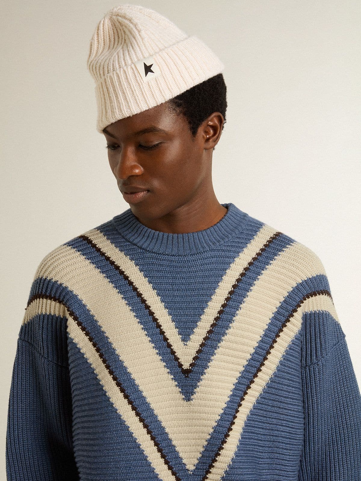 Golden Goose - Azurblauer Herren-Jacquardpullover aus Wolle mit sahneweißem Motiv in 