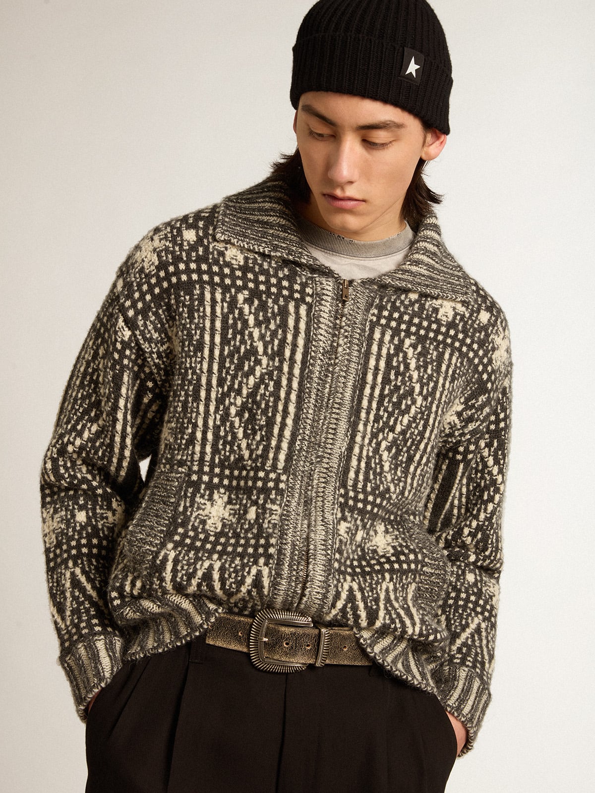 Golden Goose - Cardigan con motivo fair isle color grigio scuro in 