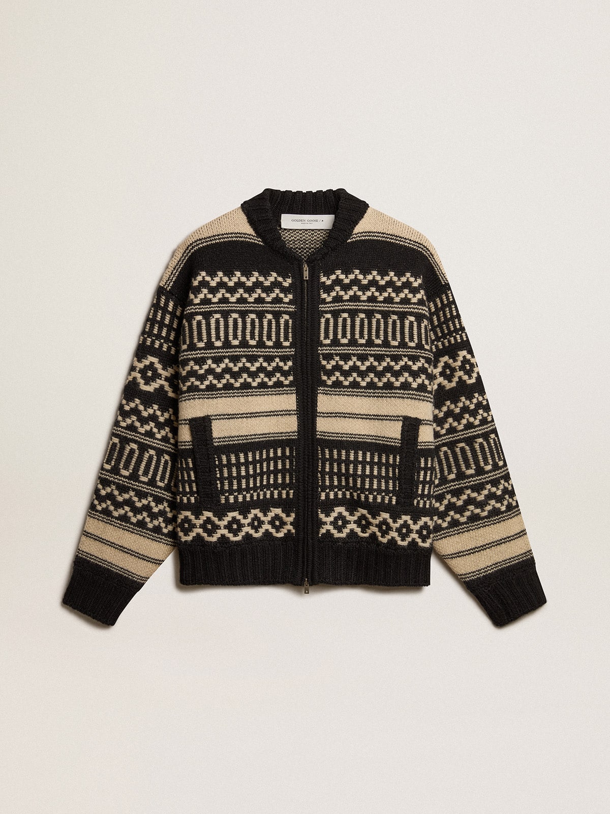 Golden Goose - Ecrufarbener Herrencardigan aus Wolle mit Jacquardmotiv in 