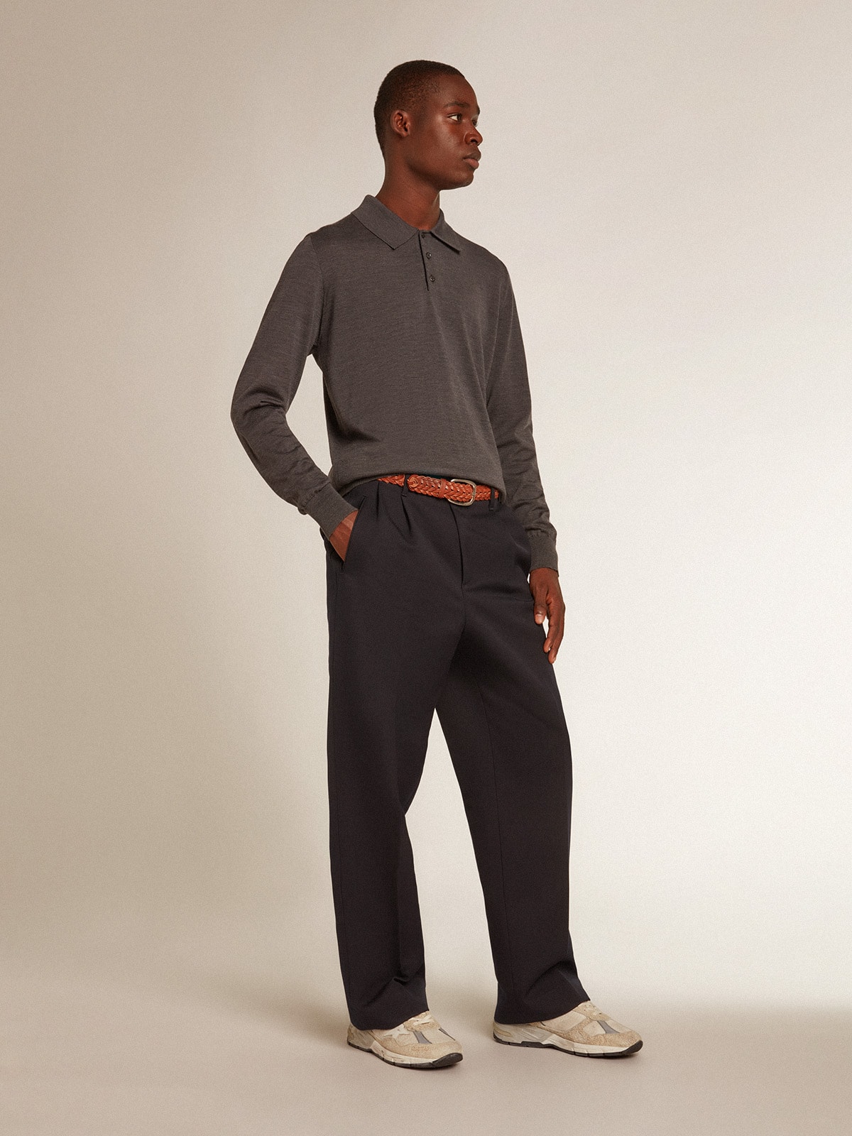 Men’s long-sleeved polo shirt in gray merino wool