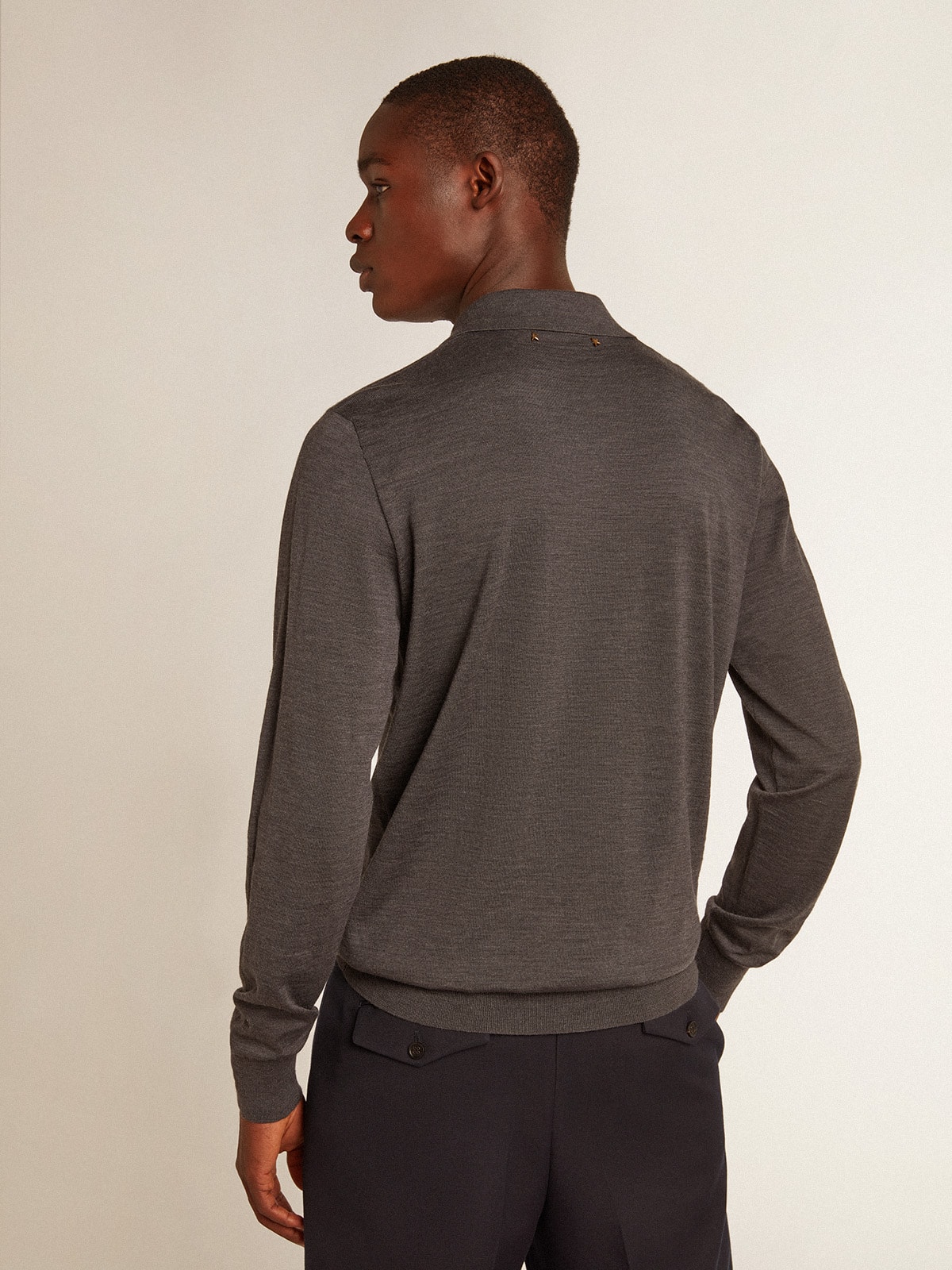 Men’s long-sleeved polo shirt in gray merino wool