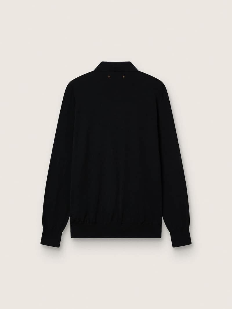 Golden Goose - Schwarzes Herren-Poloshirt aus Merinowolle mit langen &Auml;rmeln in 