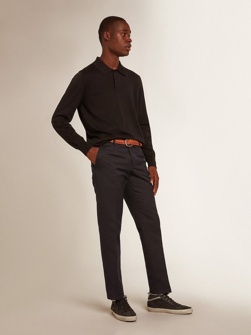 Golden Goose - Schwarzes Herren-Poloshirt aus Merinowolle mit langen &Auml;rmeln in 