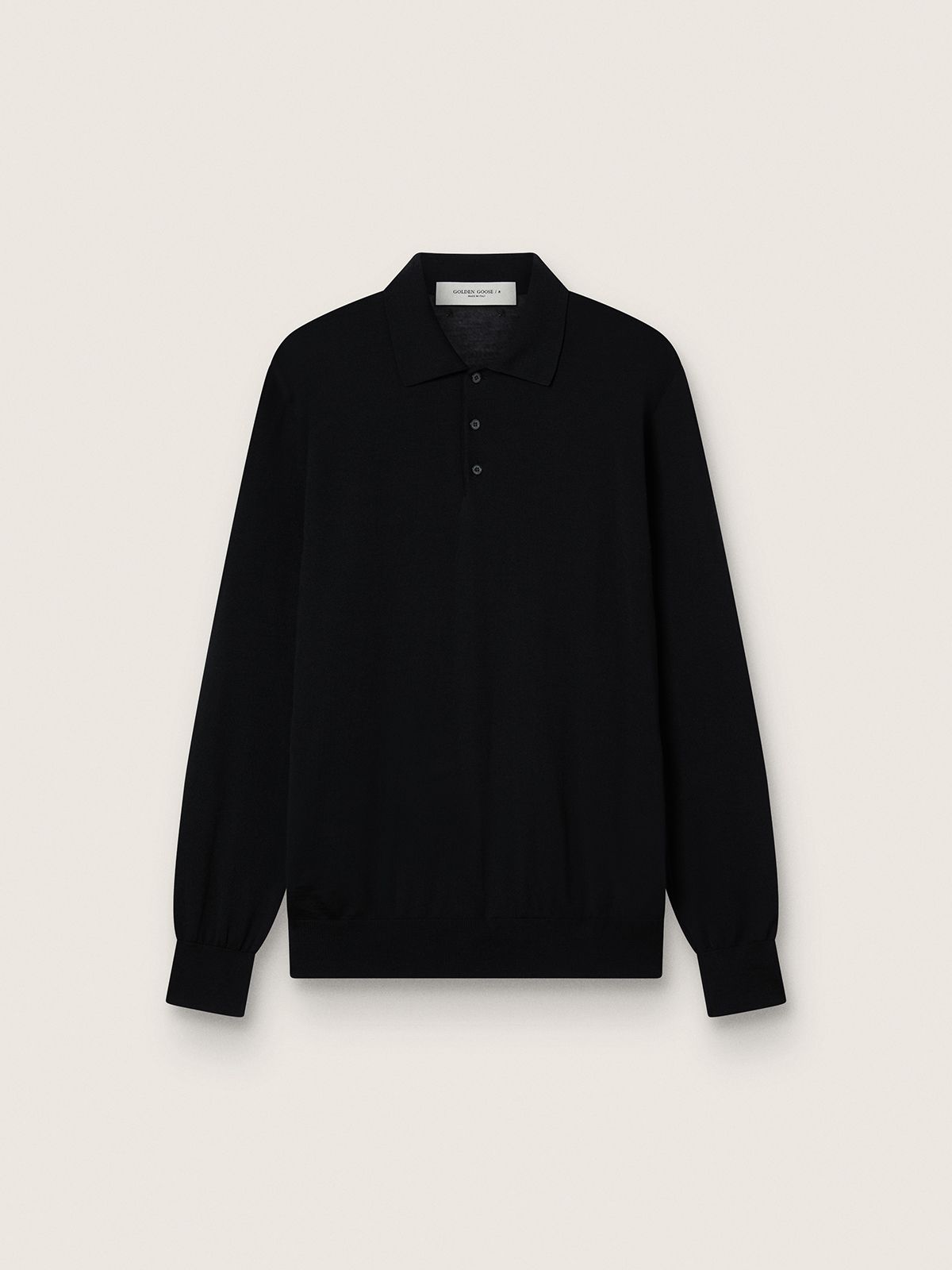 Polo noir à manches longues pour homme en laine mérinos — Golden Goose