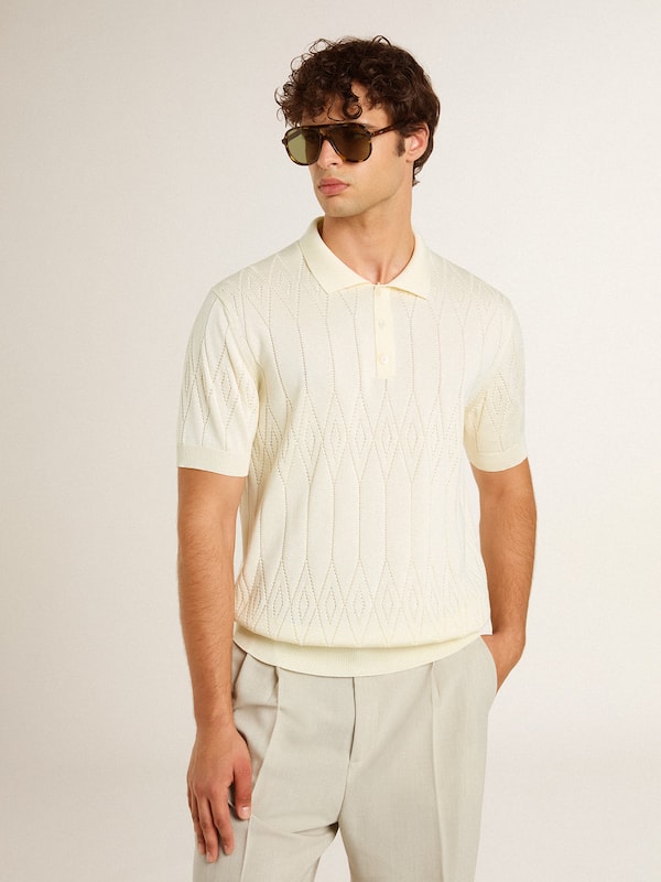 Golden Goose - Men's white jacquard knit polo shirt in 
