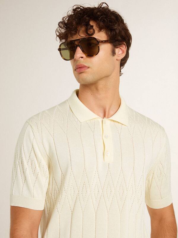 Golden Goose - Men's white jacquard knit polo shirt in 