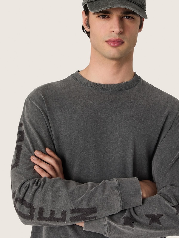 Golden Goose - T-shirt homme &agrave; manches longues en coton gris anthracite avec imprim&eacute; in 