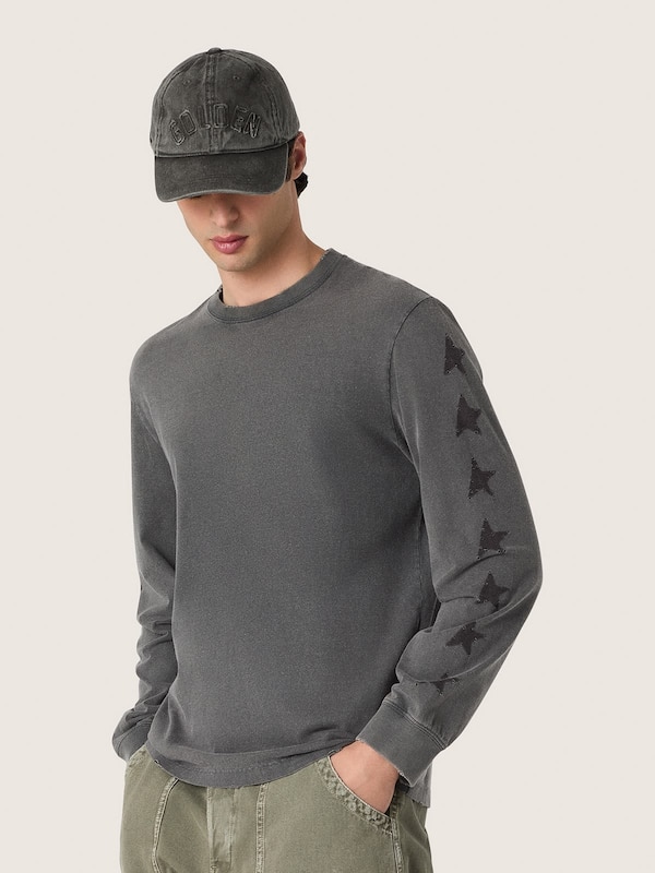 Golden Goose - T-shirt homme &agrave; manches longues en coton gris anthracite avec imprim&eacute; in 