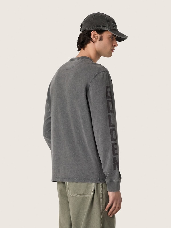 Golden Goose - T-shirt homme &agrave; manches longues en coton gris anthracite avec imprim&eacute; in 