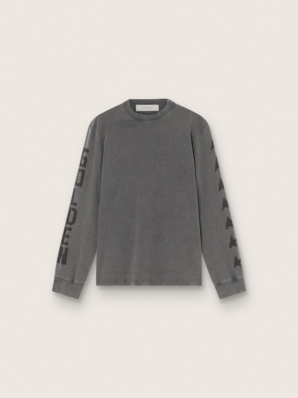 Golden Goose - T-shirt homme &agrave; manches longues en coton gris anthracite avec imprim&eacute; in 