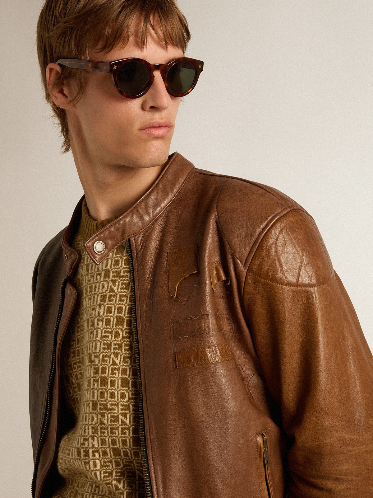 Golden Goose - Biker-inspired brown nappa leather jacket in 