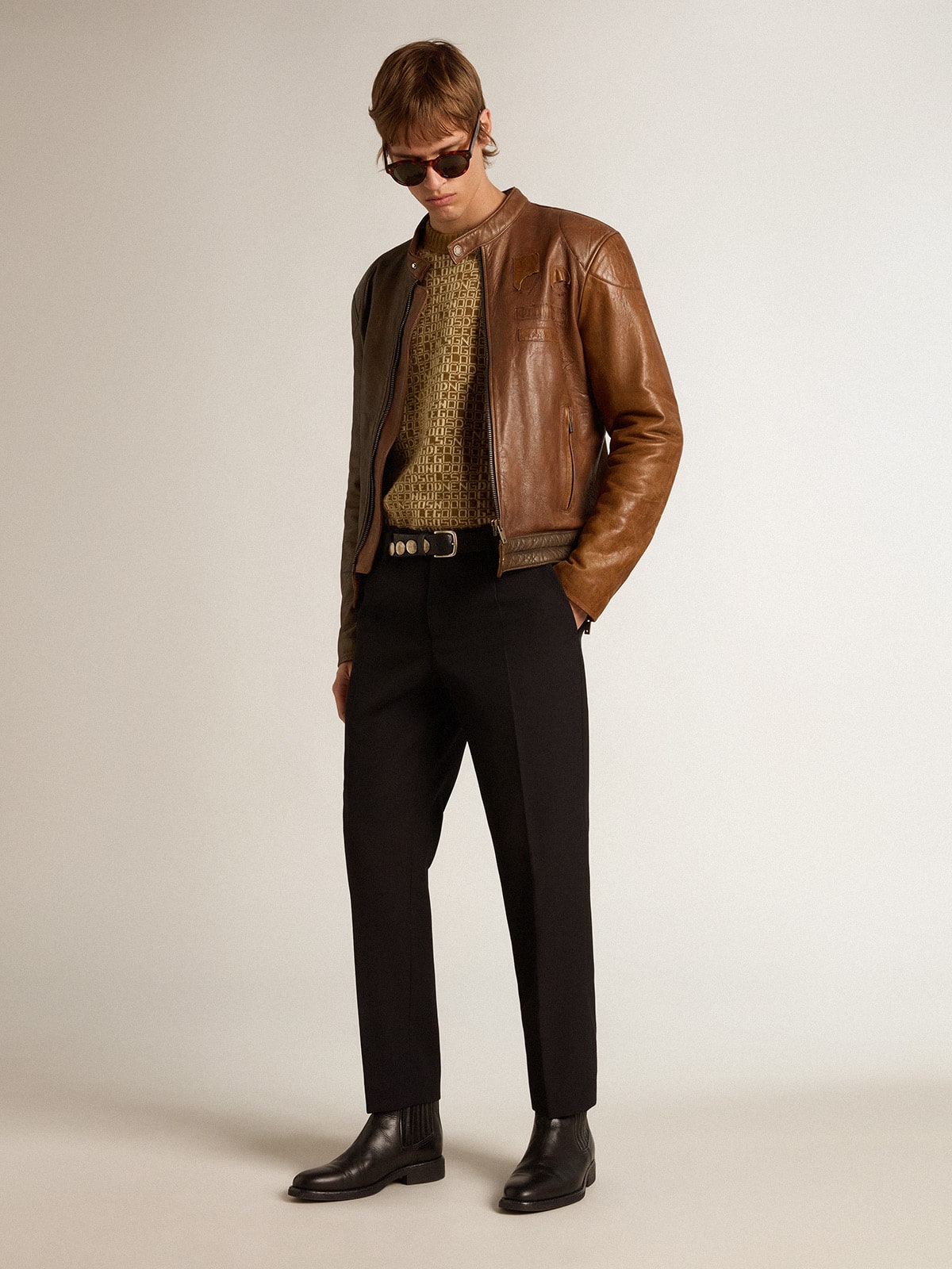 Biker-inspired brown nappa leather jacket | Golden Goose