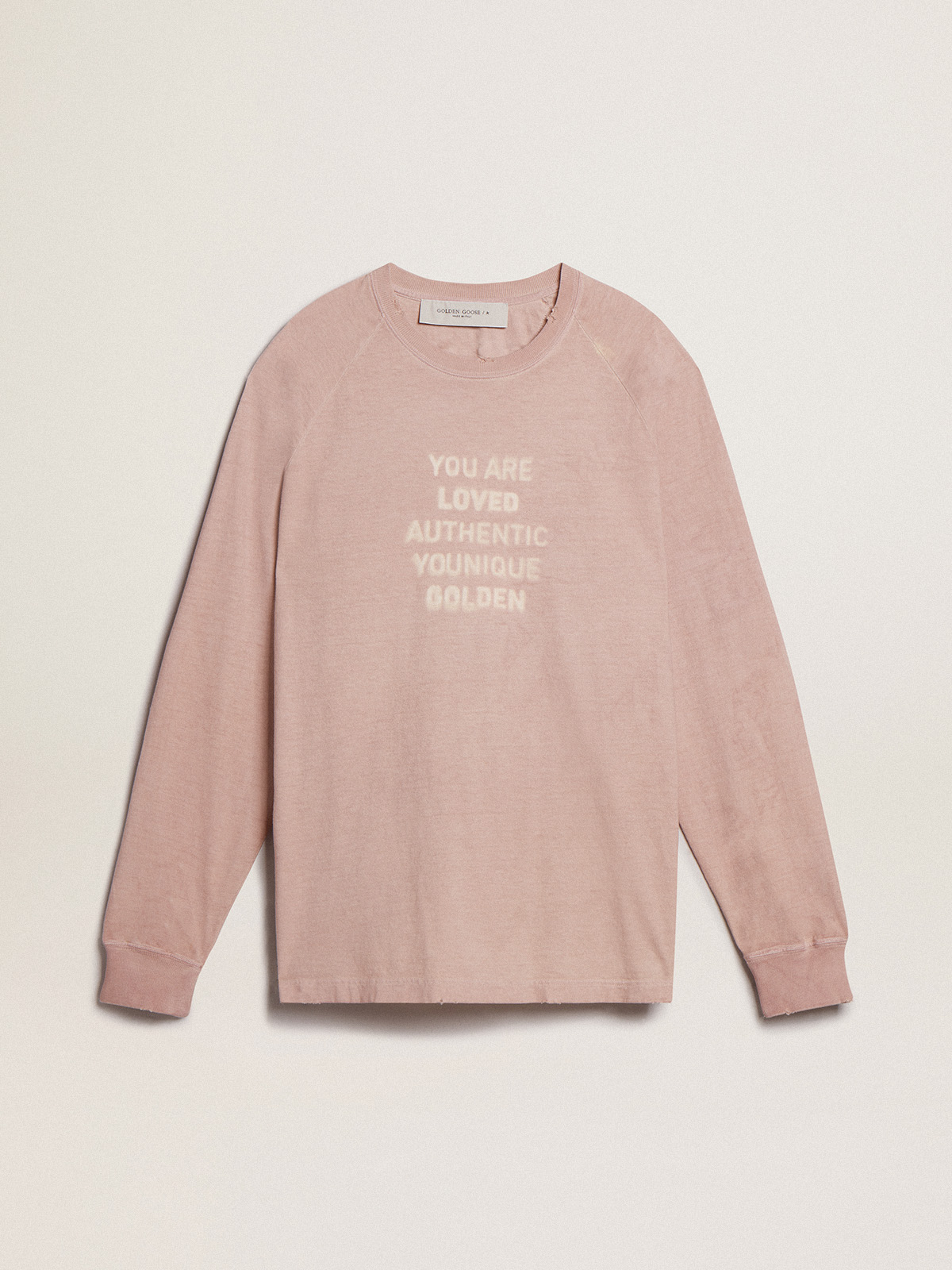 Powder-pink T-shirt with white lettering on the front | Golden Goose