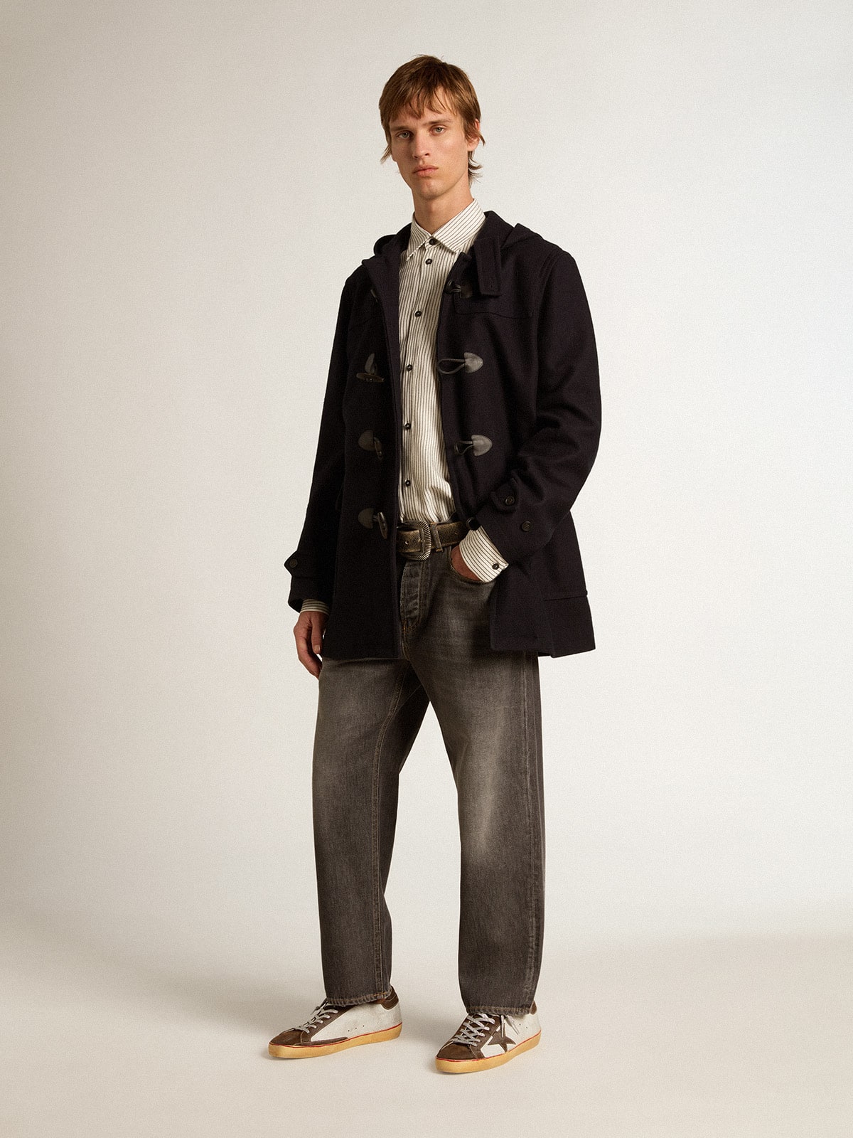 Golden Goose - Duffle-coat en laine bleu foncé avec capuche et fermeture avec brandebourgs in 