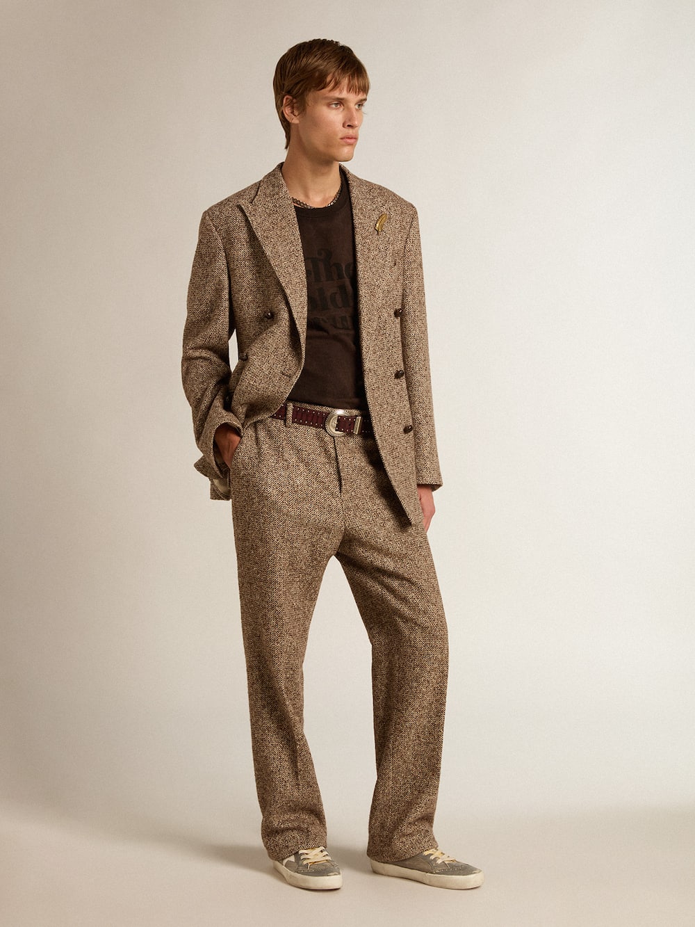 Golden Goose - Pantalón de hombre en mezcla de lana y seda color beige y marrón in 