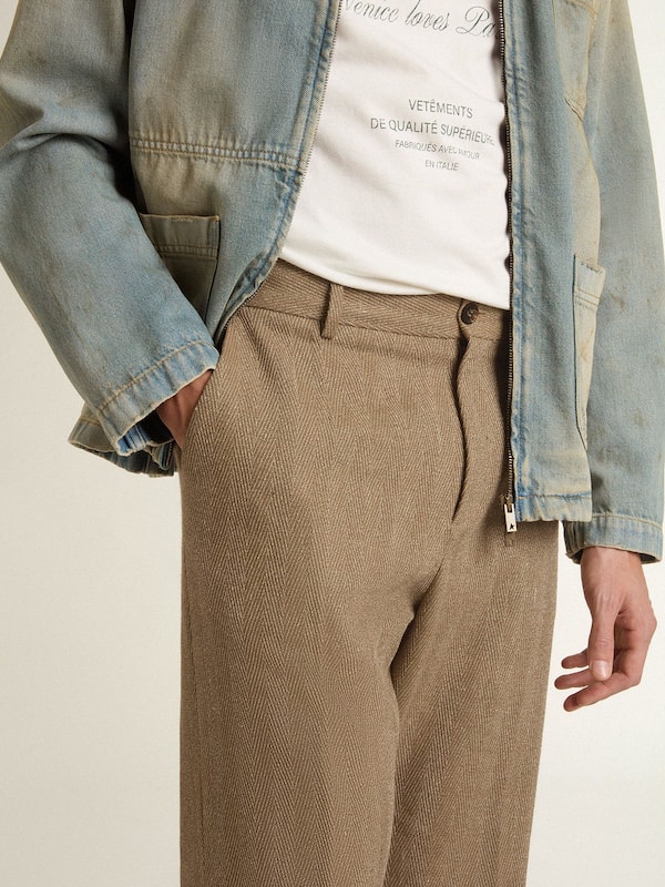 Golden Goose - Tailored pants in sand-colored chevron linen blend in 