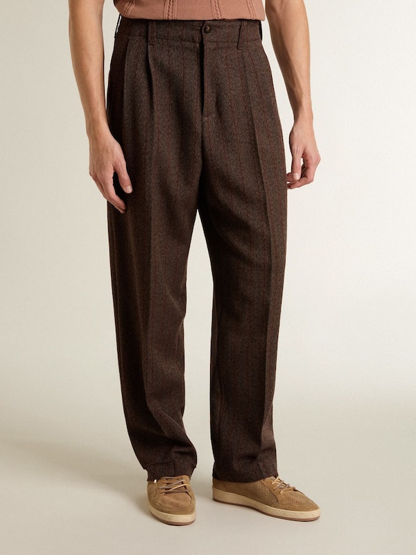Golden Goose - Men's joggers in dark brown wool with thin striped pattern in 