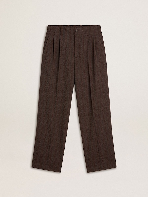 Golden Goose - Men's joggers in dark brown wool with thin striped pattern in 