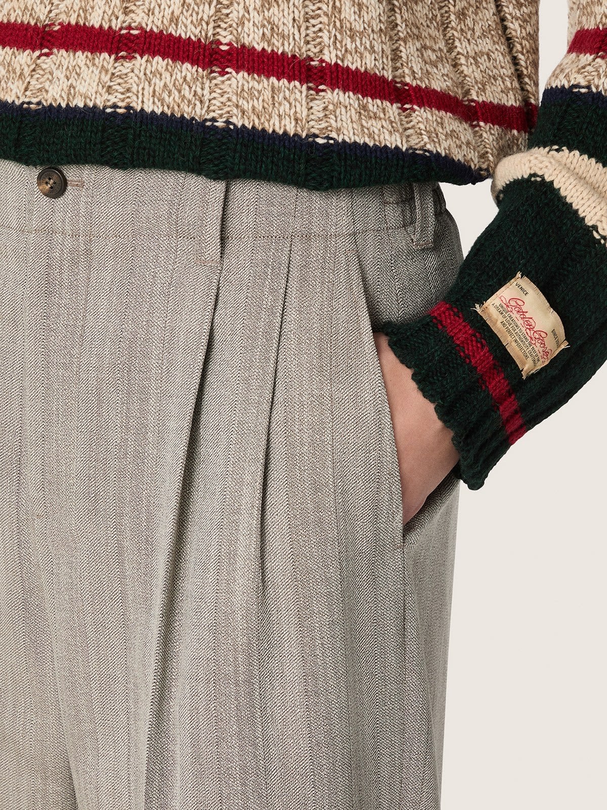 Golden Goose - Men's pants in ecru pinstripe micro-chevron wool in 