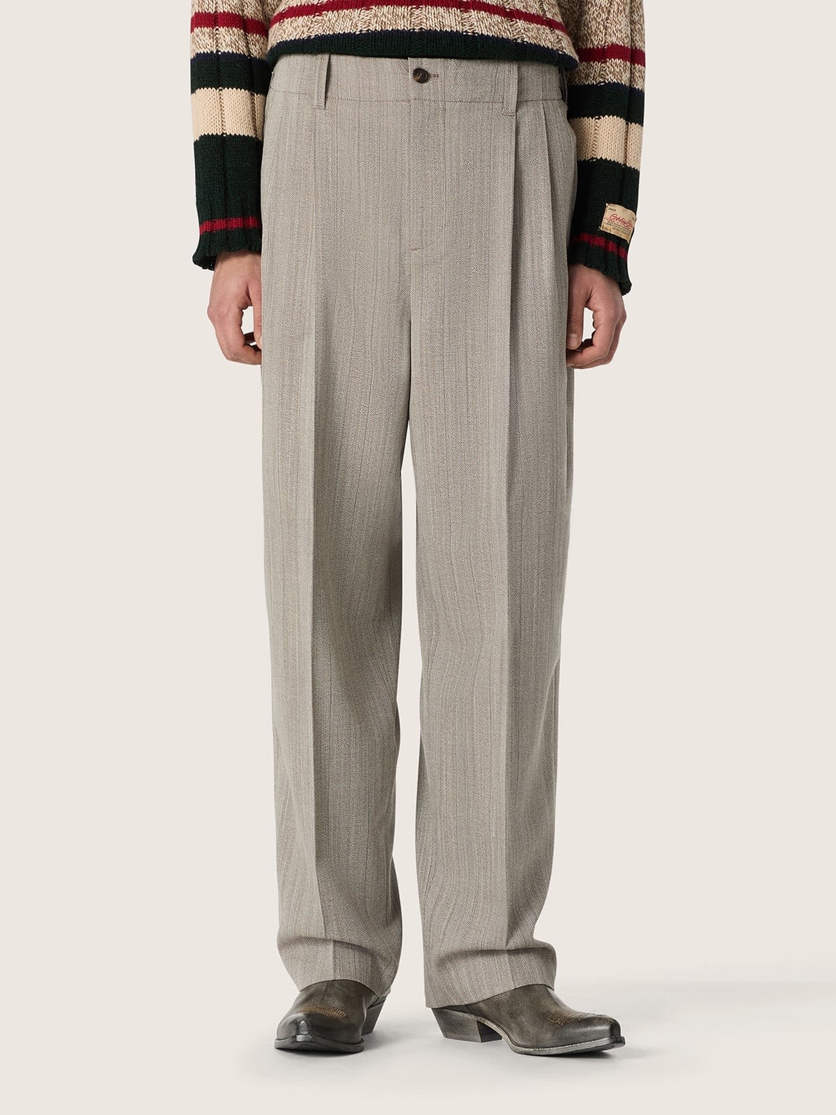 Golden Goose - Pantalon homme en laine &eacute;crue avec petits chevrons et rayures in 