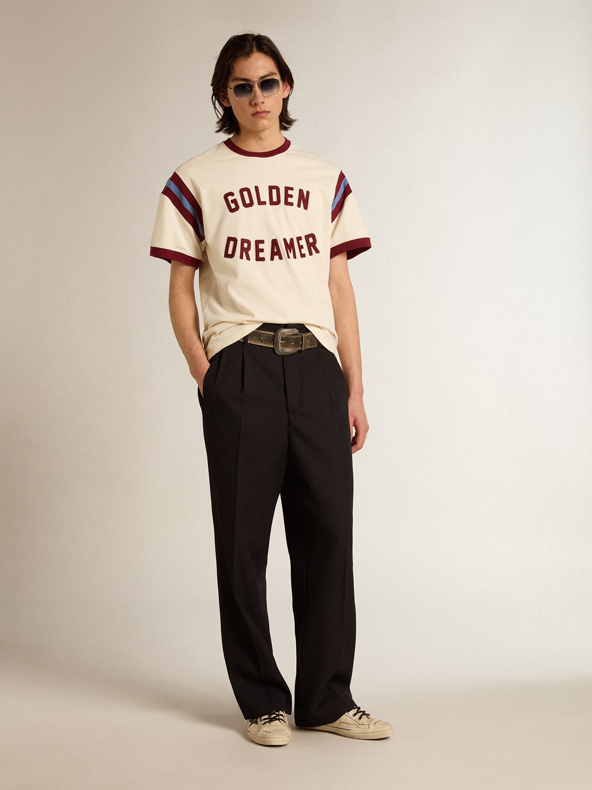 Golden Goose - Men’s white T-shirt with burgundy lettering on the front in 