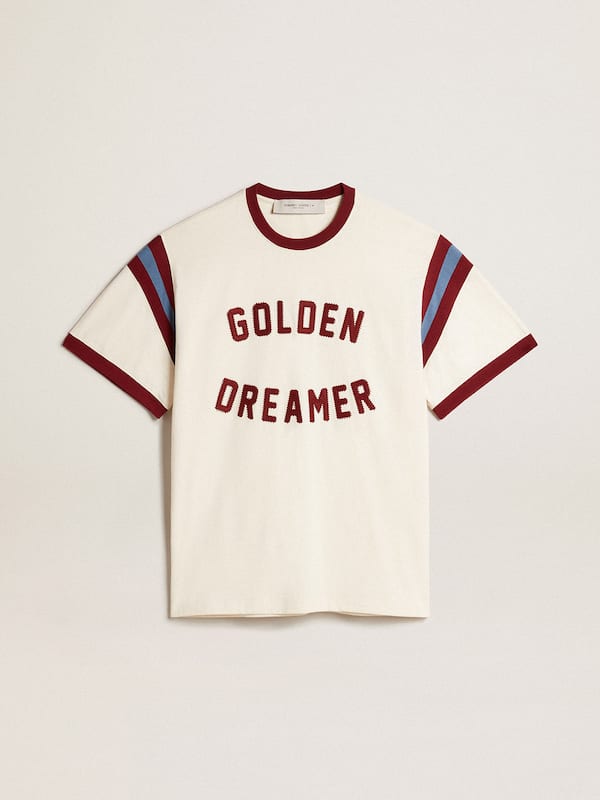 Golden Goose - Weißes Herren-T-Shirt mit bordeauxfarbener Schrift auf der Vorderseite in 