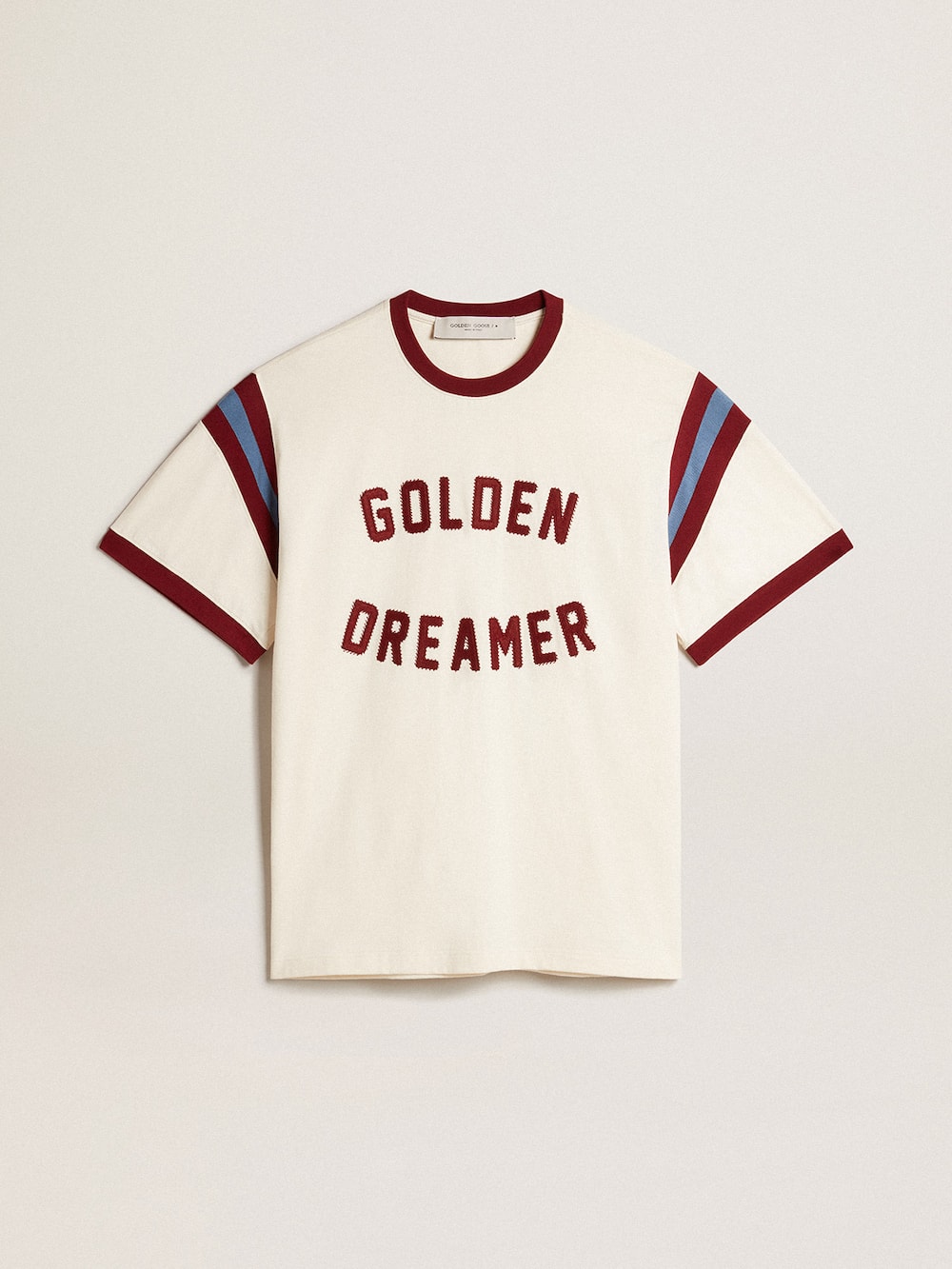 Golden Goose - Weißes Herren-T-Shirt mit bordeauxfarbener Schrift auf der Vorderseite in 