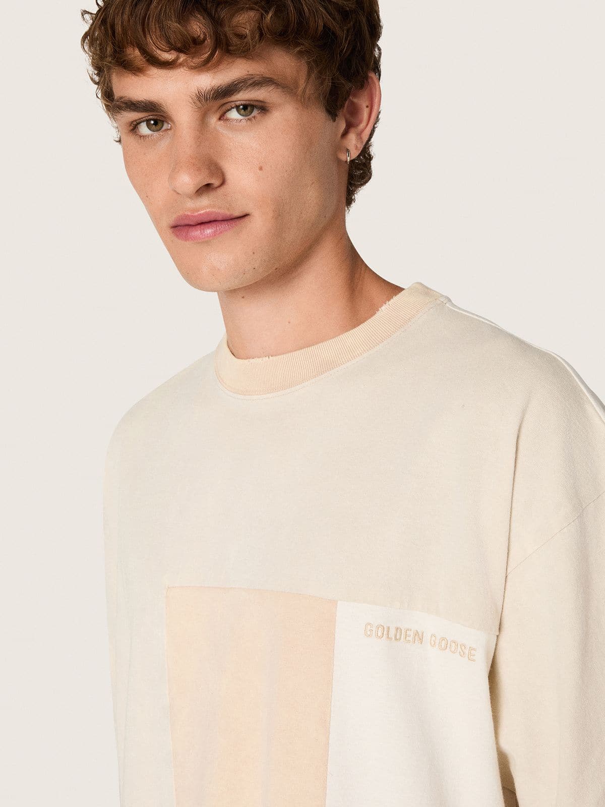 Golden Goose - Men's T-shirt in cotton jersey with white and beige patchwork effect in 