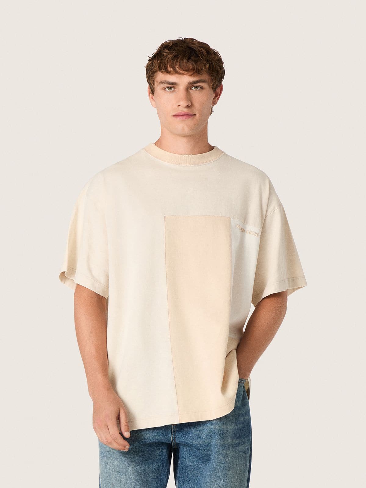 Golden Goose - Men's T-shirt in cotton jersey with white and beige patchwork effect in 