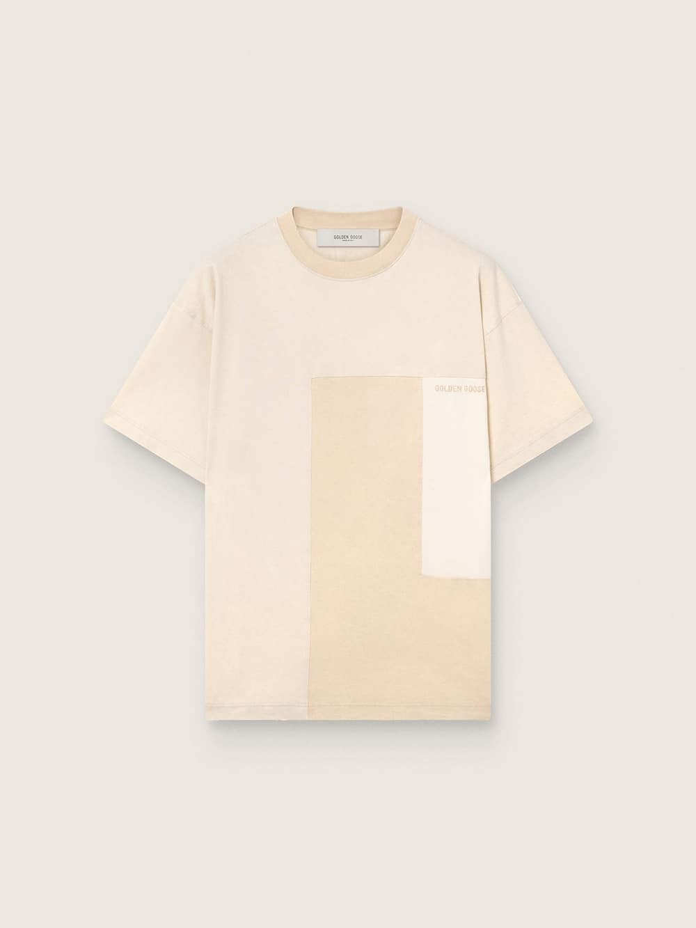 T-shirt pour homme en jersey de coton avec effet patchwork blanc et beige — Golden Goose