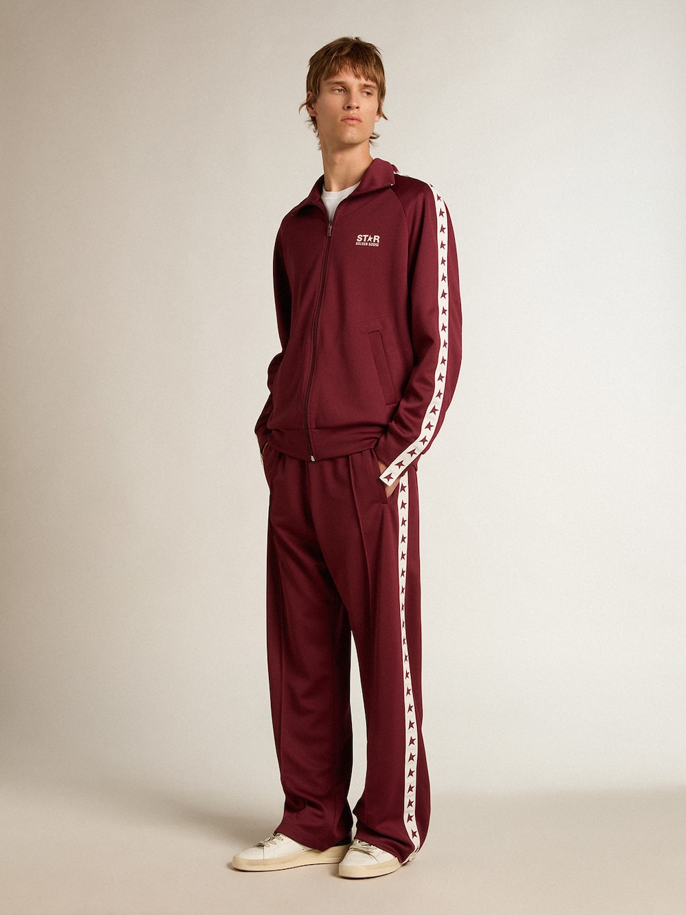 Golden Goose - Men’s burgundy zipped sweatshirt with white strip and contrasting stars in 