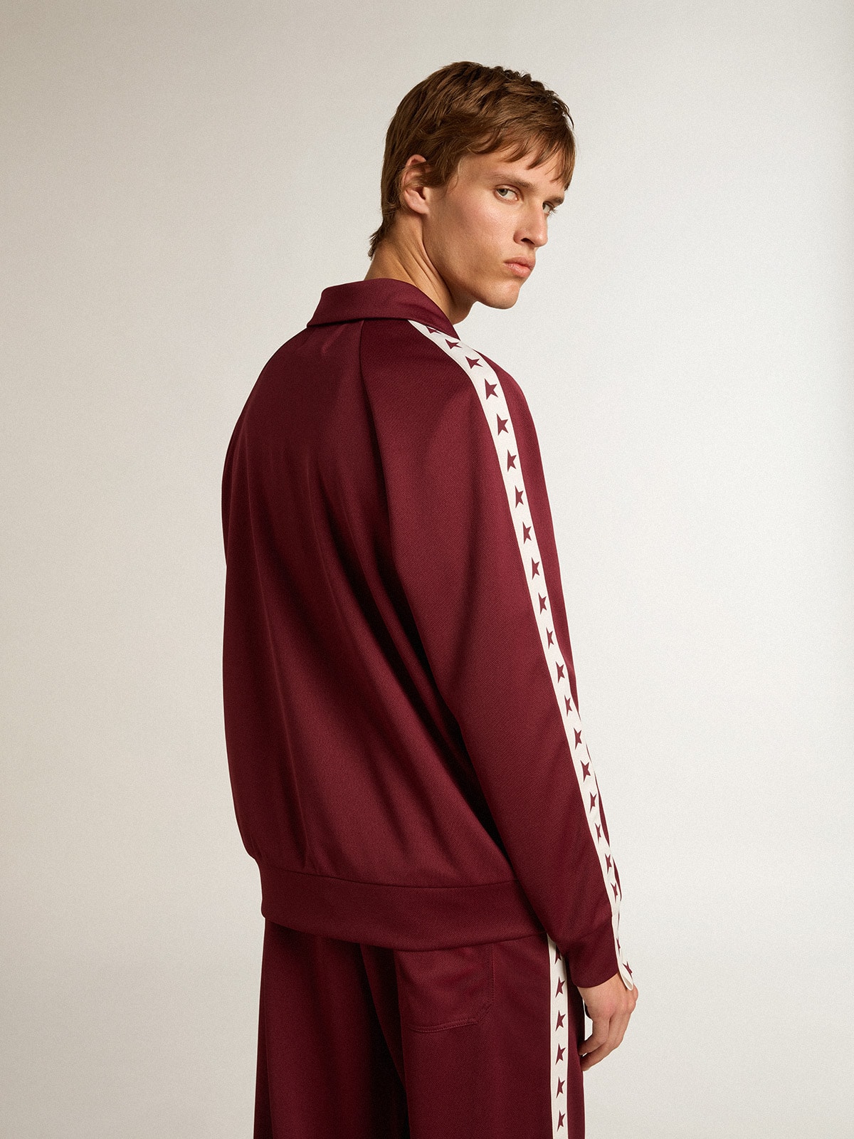 Golden Goose - Men’s burgundy zipped sweatshirt with white strip and contrasting stars in 